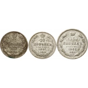 Rusko 10 kopějek 1901 СПБ-ФЗ &amp; 15 kopějek 1901 СПБ-АР Sada 3 mincí
