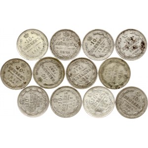 Russie 10 Kopecks 1902-1916 Lot de 12 pièces