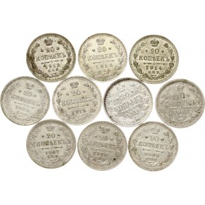 Russia 20 Kopecks 1906-1916 Lot of 10 coins