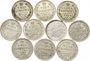 Rusko 20 kopejok 1906-1916 Sada 10 mincí