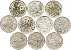 Russia 20 Kopecks 1906-1916 Lot of 10 coins