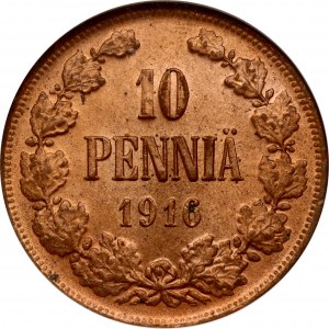 Rosja Za Finlandię 10 Pennia 1916 NGC MS 64 RB