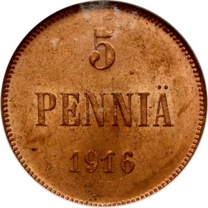 Rosja Za Finlandię 5 Pennia 1916 NGC MS 64 RB