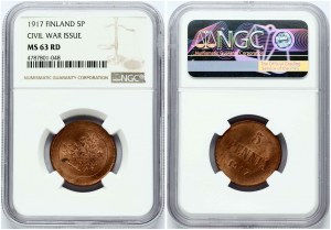 Russia for Finland 5 Pennia 1917 NGC MS 63 RD
