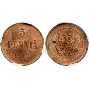 Rosja za Finlandię 5 Pennia 1917 NGC MS 63 RD