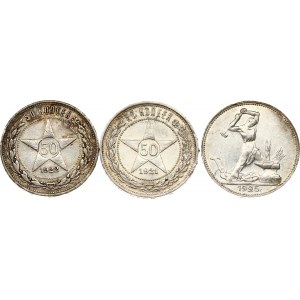 Rosja ZSRR 50 kopiejek 1921 АГ &amp; 1922 АГ &amp; Połtinnik 1925 ПЛ Partia 3 monet