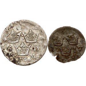 Švédsko 5 rud 1710 LC &amp; 1 ruda 1717 LC Sada 2 mincí
