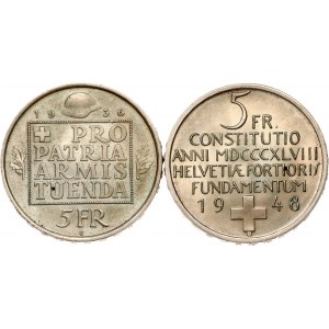 Švajčiarsko 5 frankov 1936 B &amp; 5 frankov 1948 B Sada 2 mincí