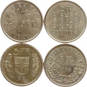Svizzera 5 Franchi 1974 - 1982 Lotto di 4 monete