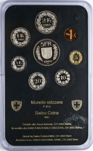 Switzerland 1 Rappen - 5 Francs 1989 SET of 8 Coins