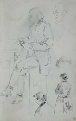 Stanisław Kaczor Batowski (1866-1945), Mężczyzna siedzący przy stole obok zarys jego twarzy oraz szkice kobiety ukazanej z tyłu