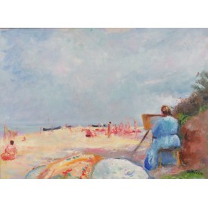 Wojciech Weiss (1875-1950), Aneri malująca na plaży, Jastrzębia Góra 1937