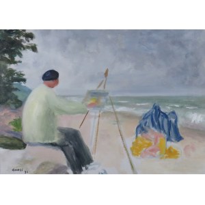 Aneri Irena Weissowa (1888-1981), Na plaży II - Artysta i jego modelka - Wojciech Weiss malujący nad morzem, 1935