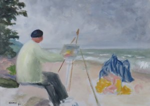 Aneri Irena Weissowa (1888-1981), Na plaży II - Artysta i jego modelka - Wojciech Weiss malujący nad morzem, 1935
