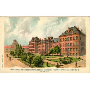 Lithograph, New Emperor Franz Joseph Bonifrat Jubilee Hospital, from the garden, 1908