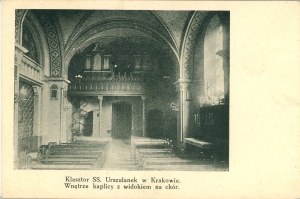 Klášter SS. Uršulinek. Interiér kaple s pohledem na chór, asi 1910.