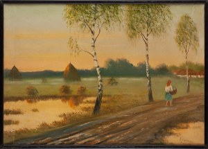 S. SADOWSKI (XXe siècle), Promenade sur une route de campagne, 1958