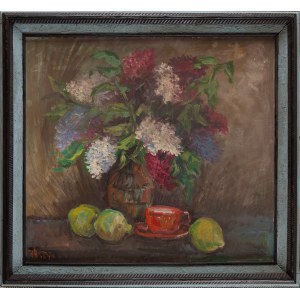 Peintre non spécifié (20e siècle), Nature morte aux lilas et aux citrons, 1977