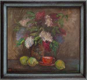 Painter unspecified (20th century), Still life with lilacs and lemons, 1977