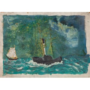 Painter unspecified, Polish (20th century), Tugboat and sailing ship - nautical study
