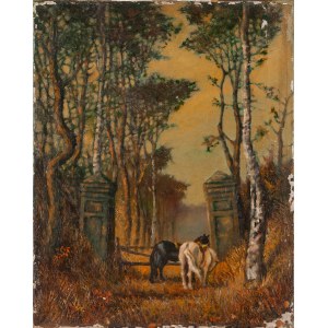 Maler unbestimmt (20. Jahrhundert), Zwei Pferde vor einem Tor