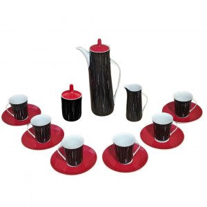 Dvojfarebná kávová súprava Goplana, navrhol Wincenty Potacki (1904-2001), porcelán Ćmielów, 60. roky 20. storočia.