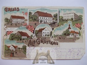 Stary Grotkow near Nysa, lithograph, school, inn, 1912