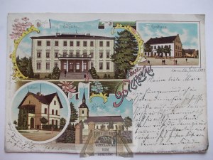 Chróścina near Nysa, inn, palace, post office, church, lithograph, 1901