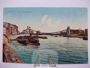 Wroclaw, Breslau, Grunwald Bridge, barges, 1912