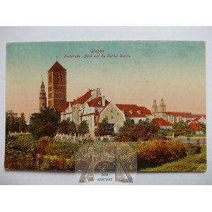Głogów, Glogau, ulica Pocztowa, kościół, 1943 (kartka z ok. 1915 r.)