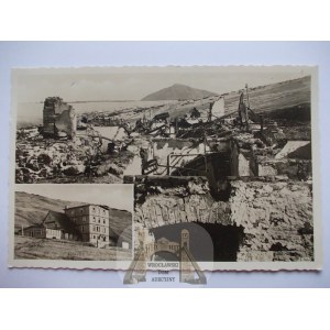 Giant Mountains, Riesengebirge, Rennerova bouda, destroyed chalet, German propaganda, circa 1940.