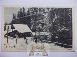 Szklarska Poreba, Schreiberhau, chata Kamieńczyk v zime, lyžiar, asi 1920