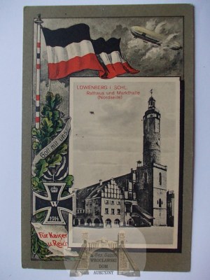 Lwówek Slaski, Lowenberg, Market Square, German flag, iron cross, 1915