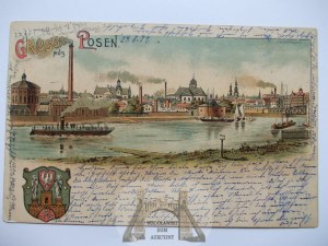 Poznan, Warta River, city coat of arms, lithograph 1899