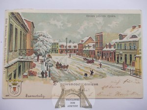 Szamotuły, Samter, tržiště, zimní litografie, Nový rok k. 1900