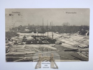 Grudziadz, Graudenz, porto, inverno, chiatte 1917