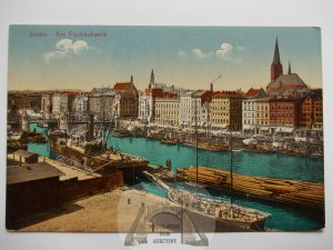 Szczecin, Stettin, panorama, Oder River, barges, ca. 1914