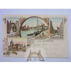 Gdańsk, Danzig, litografia, 4 widoki ok. 1900