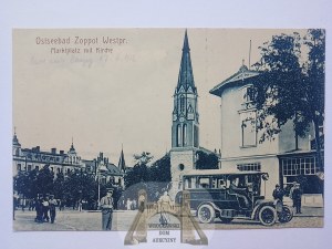 Sopot, Zoppot, Market Square, church, car ca. 1910
