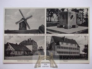 Jerze near Pisz, windmill inn, monument, school, ca. 1938