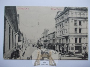 Varšava, ulice Nowy Świat, koňská tramvaj 1908