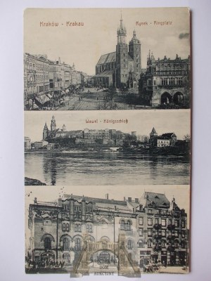 Krakow, 3 views, Market Square, Wawel Castle, stores 1915