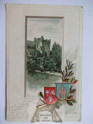 Nowy Sacz, castle, embossed lithograph, coat of arms, chase circa 1900.