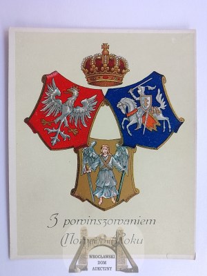 Patriotic, coats of arms, White Eagle, Pogo, New Year's card, gilt lithograph ca. 1910