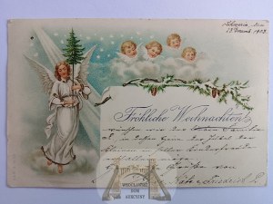 Veselé Vánoce, anděl, zlacená litografie 1903
