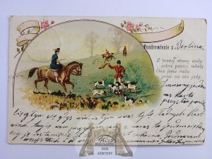 Caccia, caccia alla volpe, cavalli, litografia 1902