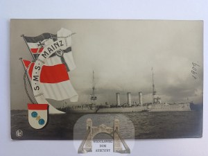 German warship S.M. S. Mainz , flags, crest, 1909