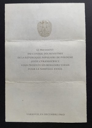 [Urbański] Novoročné pozdravy od ministra J. CYRANKIEWICZA. Varšava [1960].