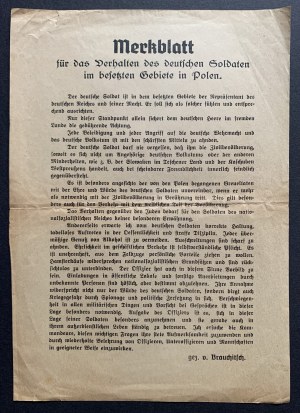 Merkblatt für das Verhalten des deutschen Soldaten im besetzten Gebiete in Polen [Leták pro německého vojáka na okupovaných územích v Polsku] [193?]