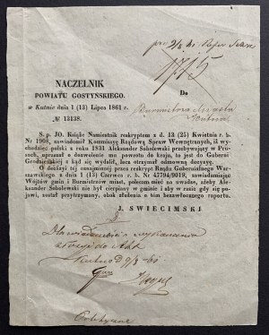 [GOSTYNIN] Naczelnik Powiatu Gostyńskiego. Zawiadomienie wójtów gmin i burmistrzów miast Nr 13138, dat. Kutno 1 (13) VII 1861.